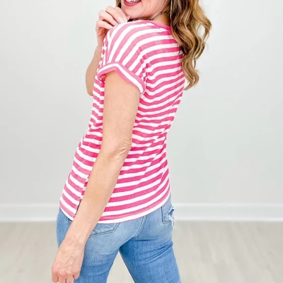 STACCATO V-Neck Short Sleeve Striped Slub Knit Top L Hot Pink - Picture 5 of 10